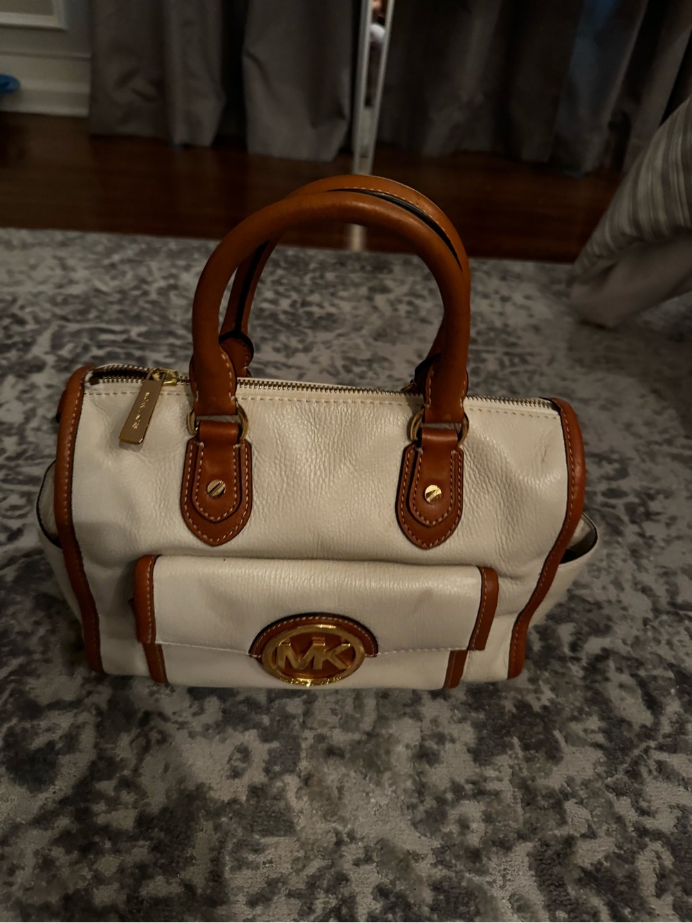 Vintage Michael Kors Cream and Tan Leather Mini Satchel with Gold Hardware.